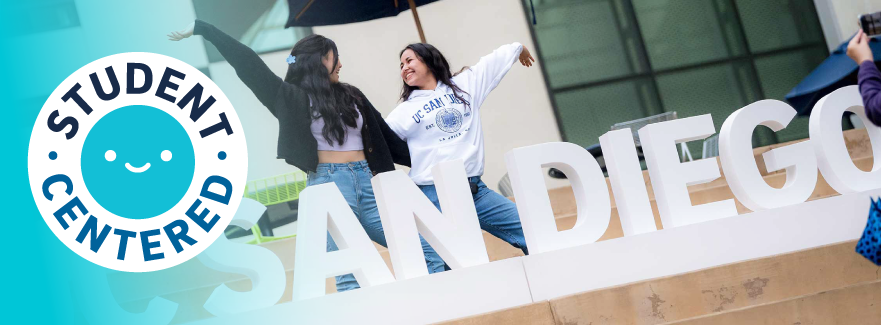 2 of 2, Two students posing with a "UC San Diego" sign
